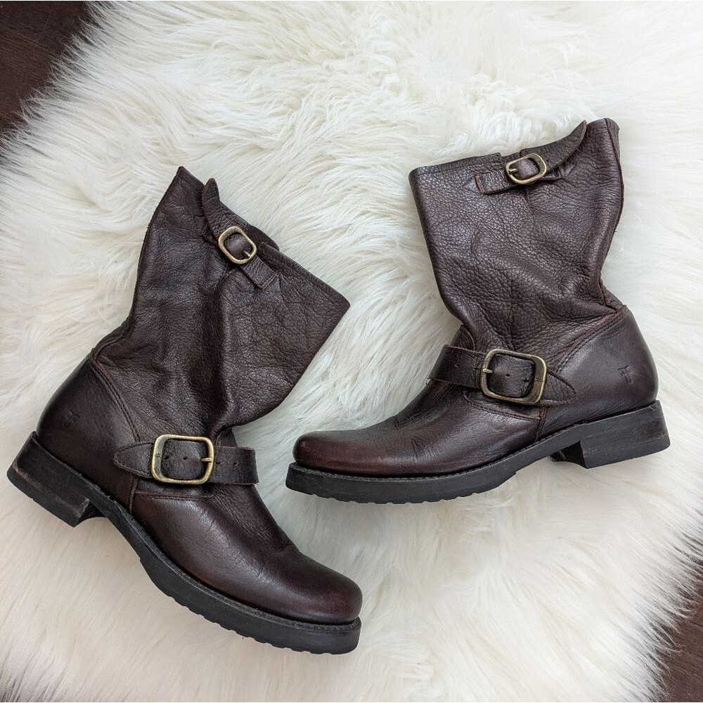 Frye Dark Brown Leather Moto Boots with Buckles